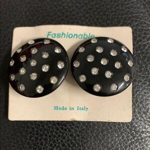 Vintage black Bakelite round earrings with Swarovski crystals